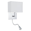 Hotel Wall Light With Reader In Polished Chrome With White Fabric Shade