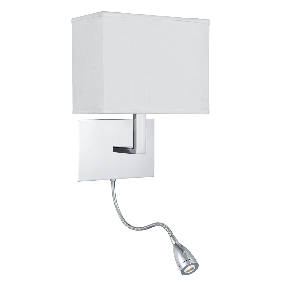 Hotel Wall Light With Reader In Polished Chrome With White Fabric Shade