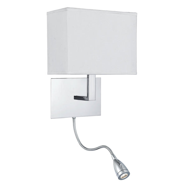 Hotel Wall Light With Reader In Polished Chrome With White Fabric Shade
