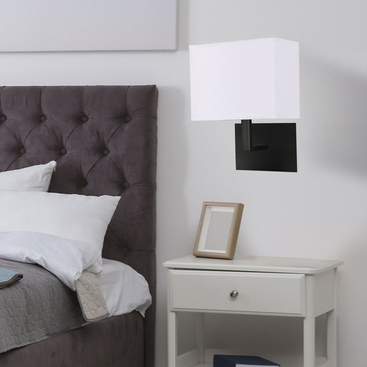 Hotel Wall Light With In Black With White Fabric Shade