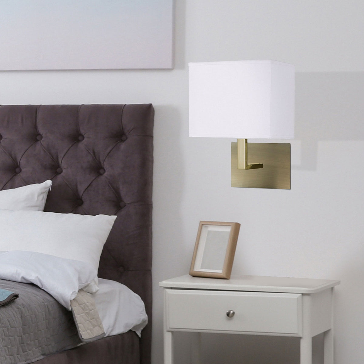 Hotel Wall Light With In Antique Brass With White Fabric Shade