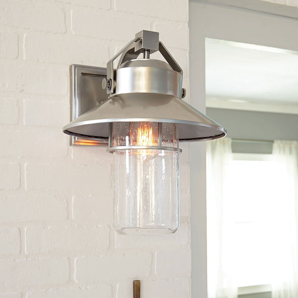 Boynton Medium Coastal IP44 Wall Light in Painted Brushed Steel & Seeded Glass Shade