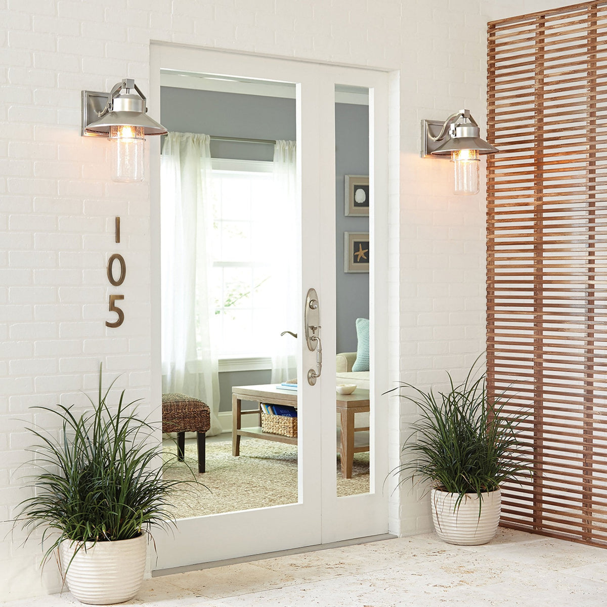 Boynton Medium Coastal IP44 Wall Light in Painted Brushed Steel & Seeded Glass Shade