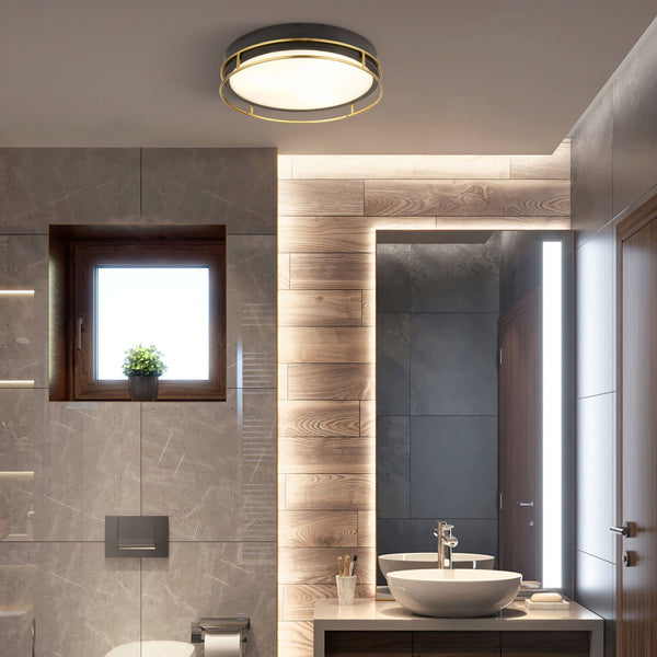 Phoenix IP44 Bathroom 2 Light Semi Flush Ceiling Light In Black & Brass