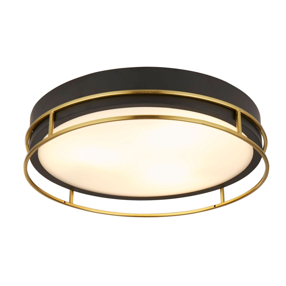 A black and gold round ceiling light, shown lit against a white background.