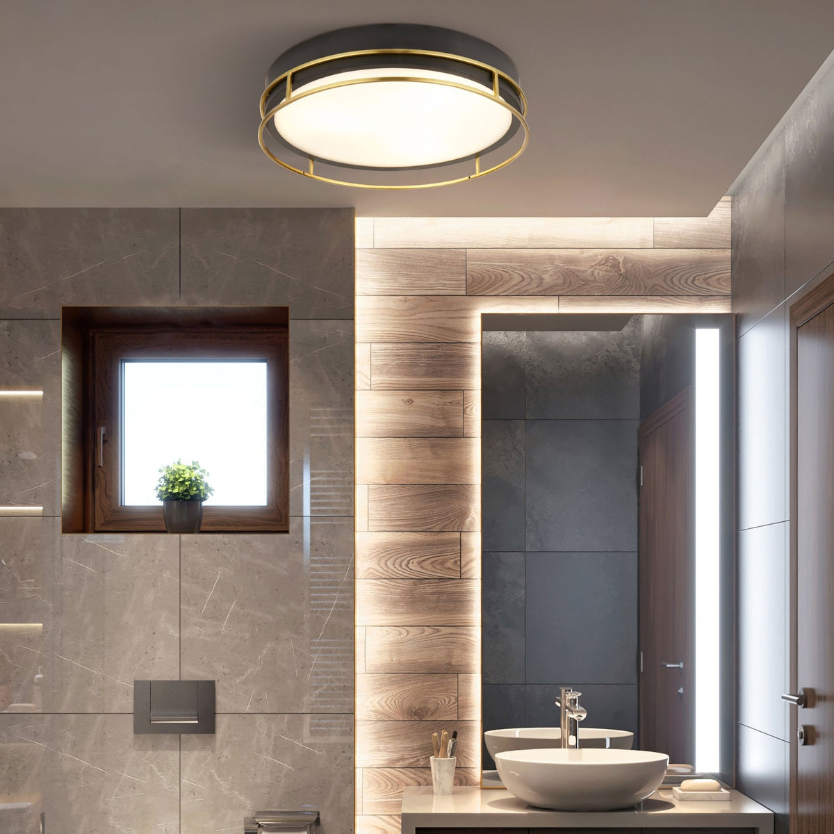 A black and gold round ceiling light illuminates a modern bathroom with grey tiles.
