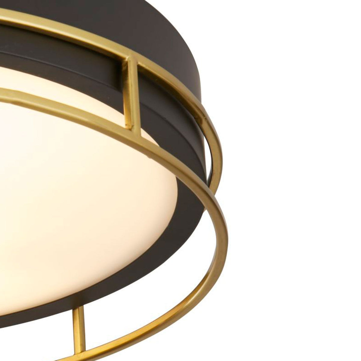 Close-up of a black and gold round ceiling light, shown lit against a white background.