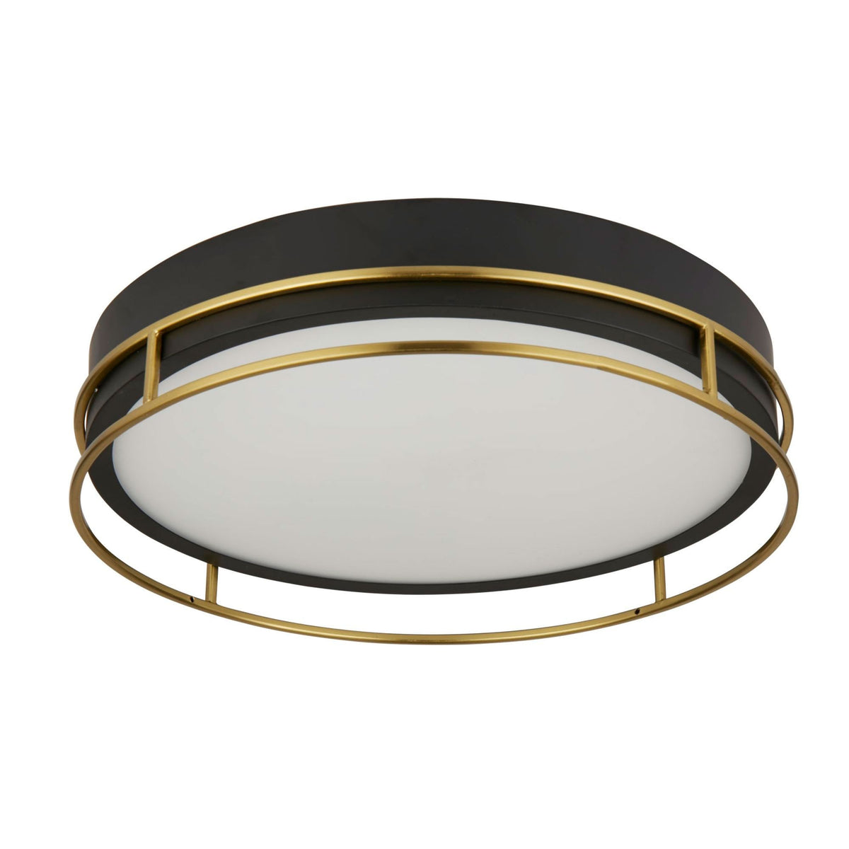 A black and gold round ceiling light, shown lit against a white background.