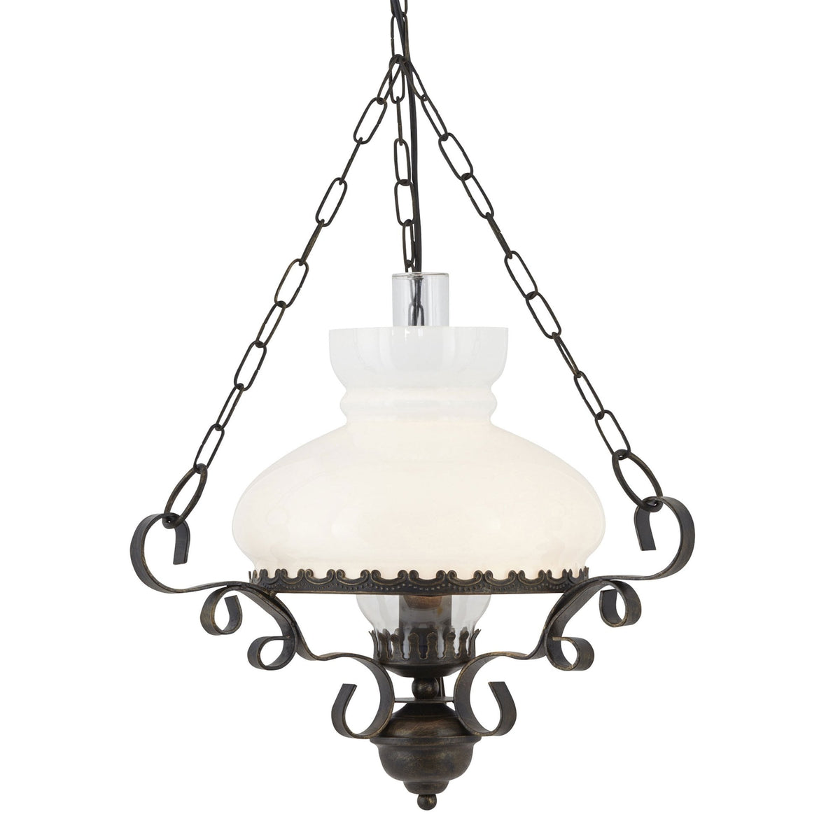Elegant hanging light fixture with frosted glass shade and wrought iron details.