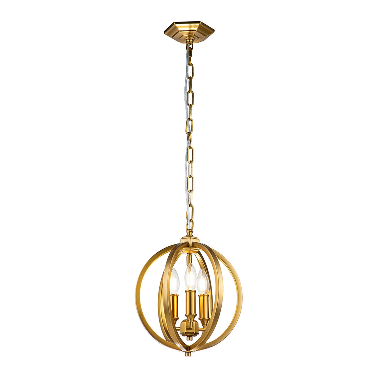 A round, gold, three-bulb pendant light with a golden chain and ceiling rose.
