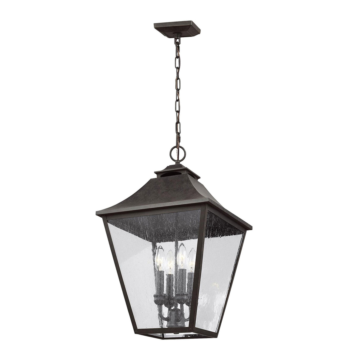 Full view of the dark bronze outdoor hanging lantern featuring three candelabra bulbs.