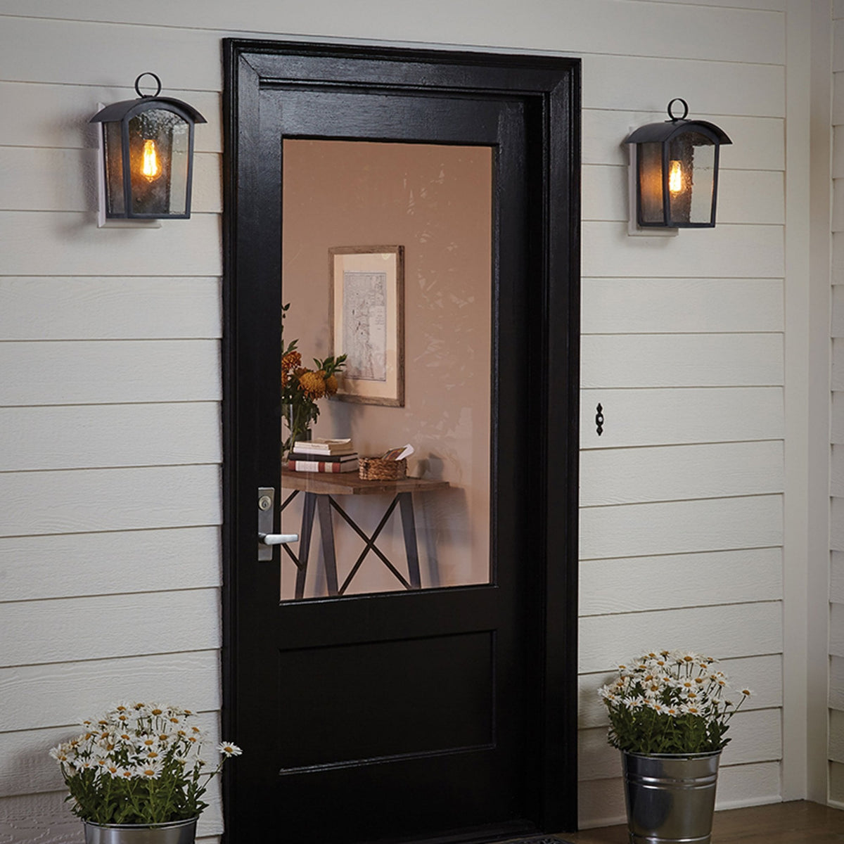 Hodges Coastal IP44 Large Wall Lantern in Ash Black with Seeded Glass