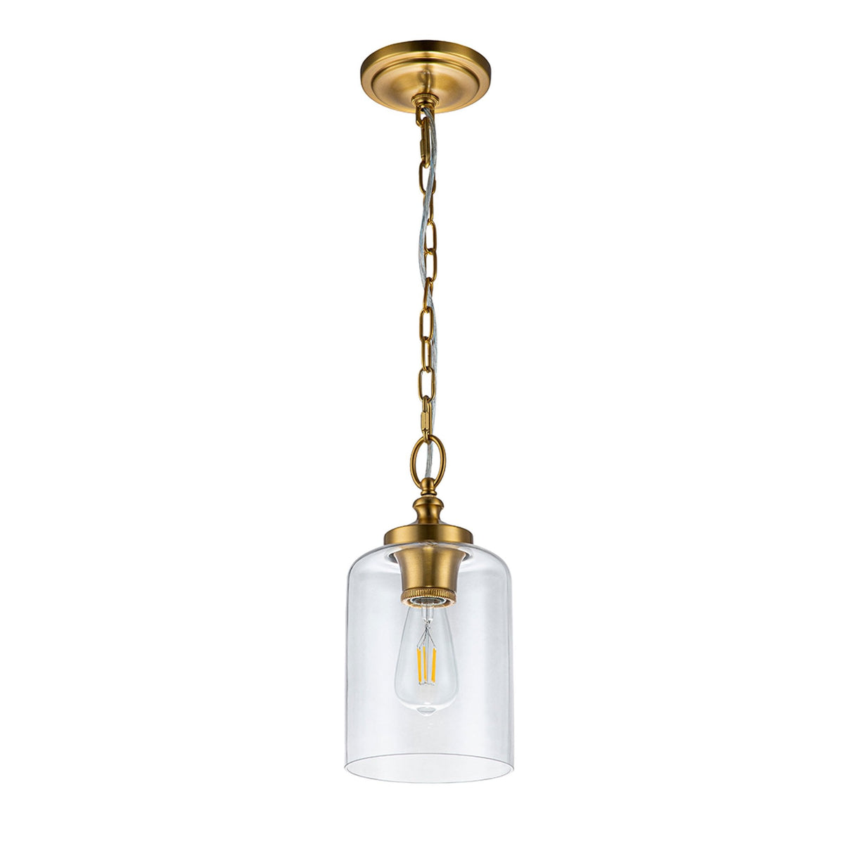 A full view of the brass and clear glass pendant light.