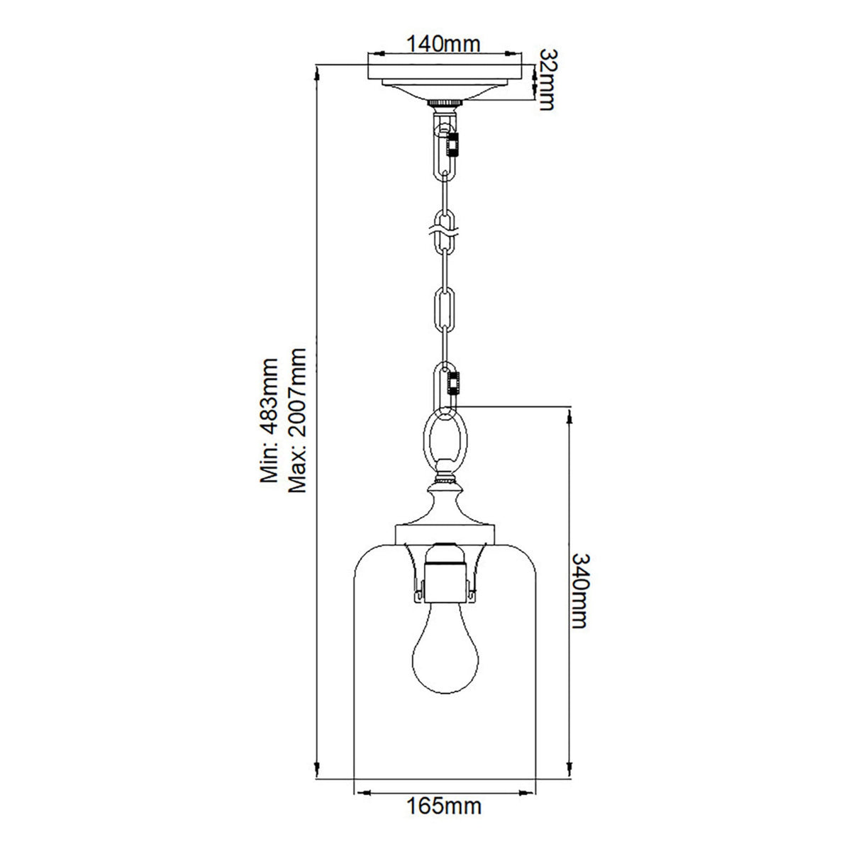 A detailed technical drawing of the pendant light with all dimensions shown.