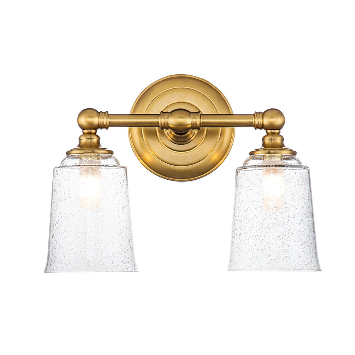 Huguenot Lake IP44 Twin Wall Light in Burnished Brass & Clear Seeded Glass