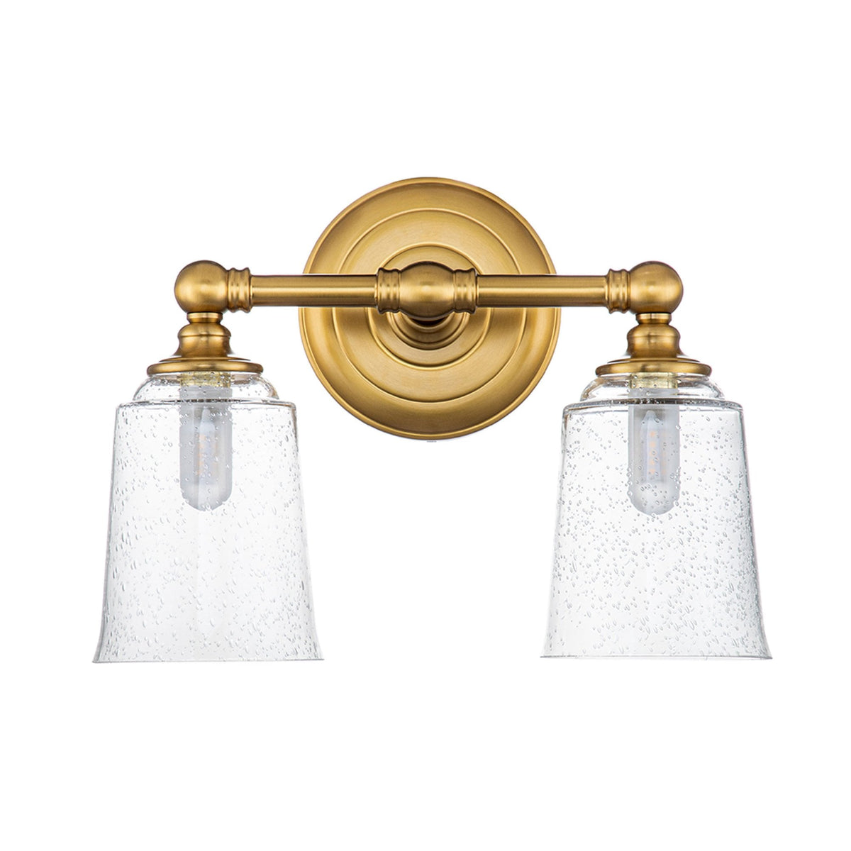 Huguenot Lake IP44 Twin Wall Light in Burnished Brass & Clear Seeded Glass