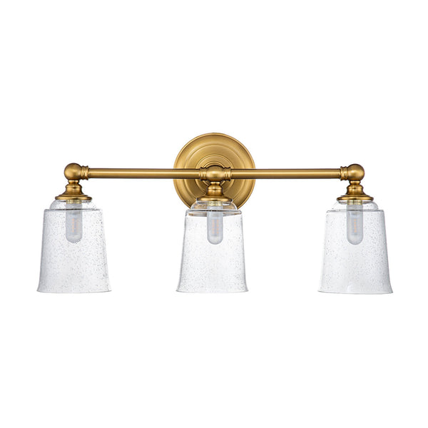 Huguenot Lake IP44 Triple Wall Light in Burnished Brass & Clear Seeded Glass