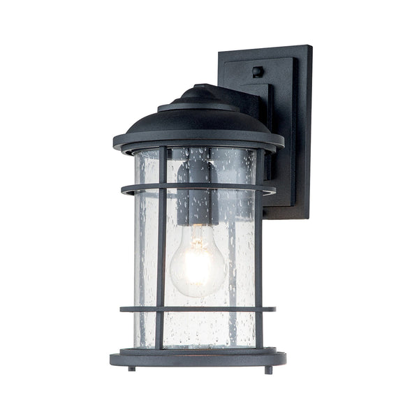 Lighthouse IP44 Medium Wall Lantern in Textured Black with Clear Seeded Glass