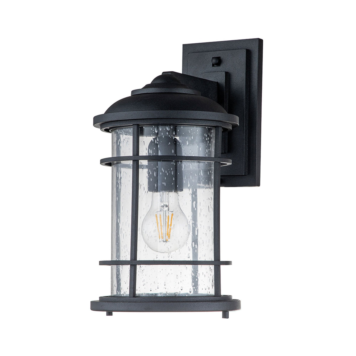 Lighthouse IP44 Medium Wall Lantern in Textured Black with Clear Seeded Glass