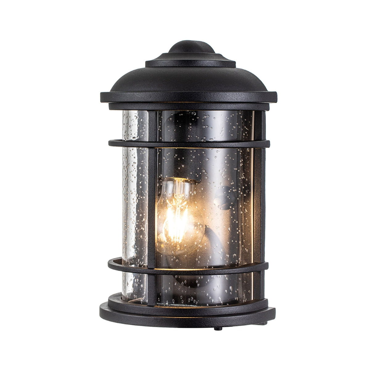 Lighthouse IP44 Half Wall Lantern in Textured Black with Clear Seeded Glass