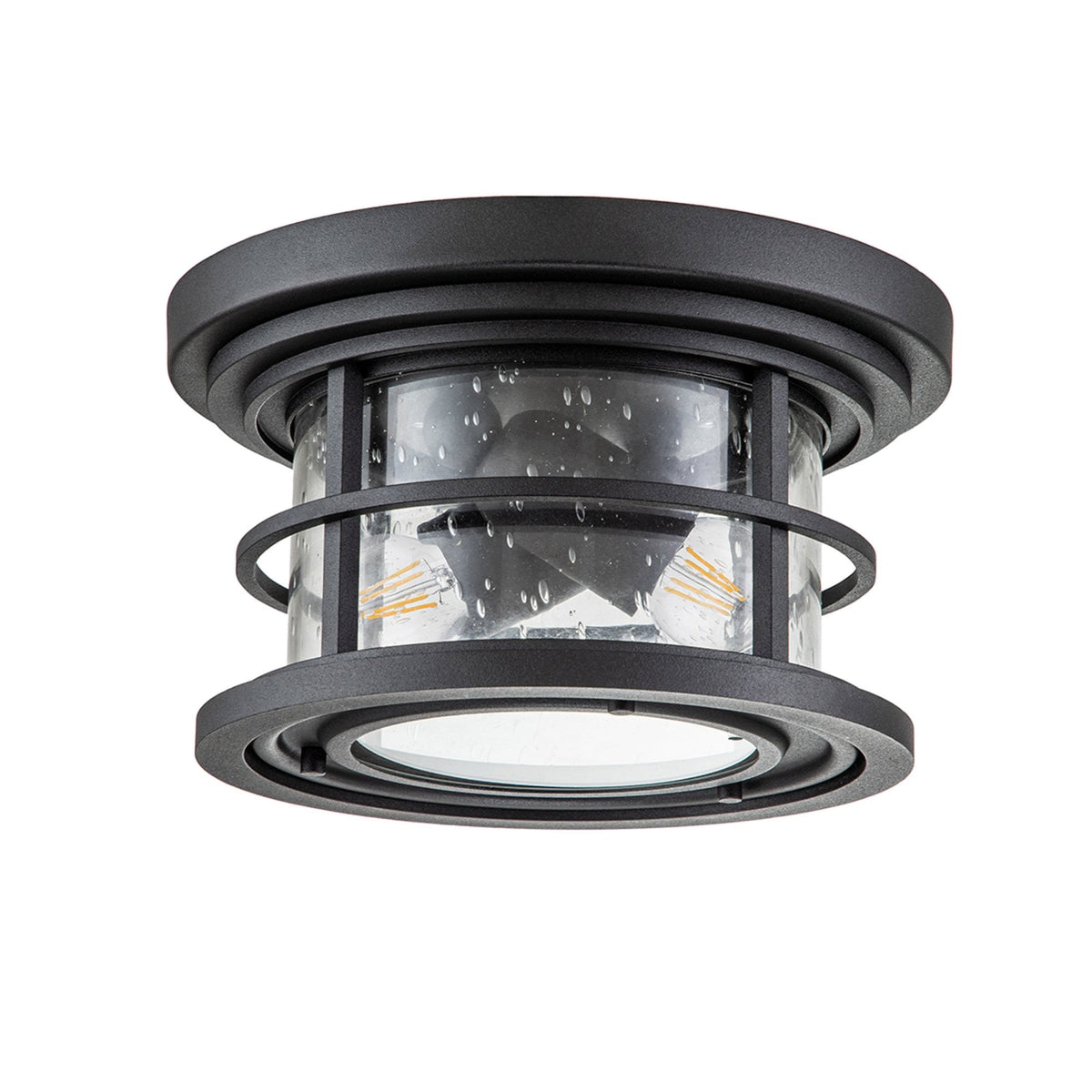 Lighthouse IP44 Flush Ceiling Light in Textured Black with Clear Seeded Glass