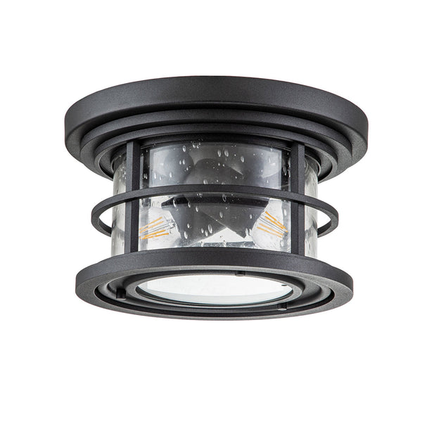 Lighthouse IP44 Flush Ceiling Light in Textured Black with Clear Seeded Glass
