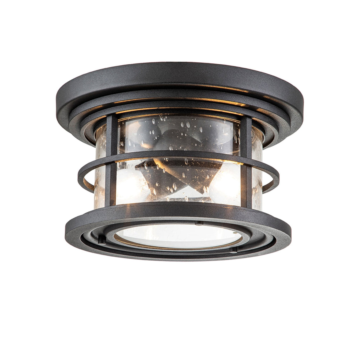 Lighthouse IP44 Flush Ceiling Light in Textured Black with Clear Seeded Glass