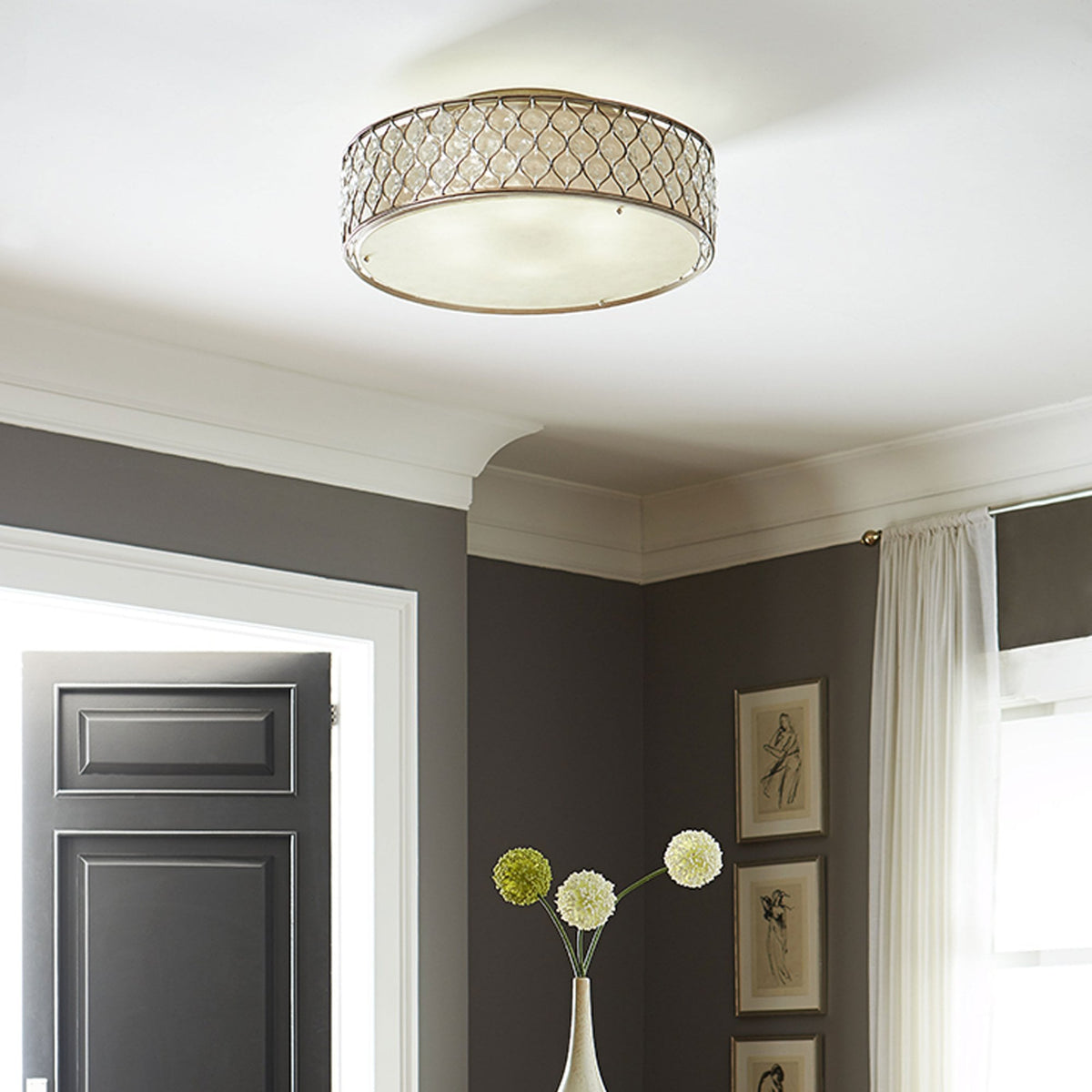 Lucia Six Lamp Large Semi Flush Crystal Ceiling Light in Burnished Silver