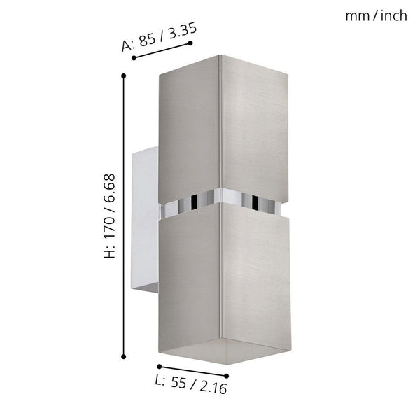 Passa Cube Up & Down Wall Light in Satin Nickel with Chrome Detailing