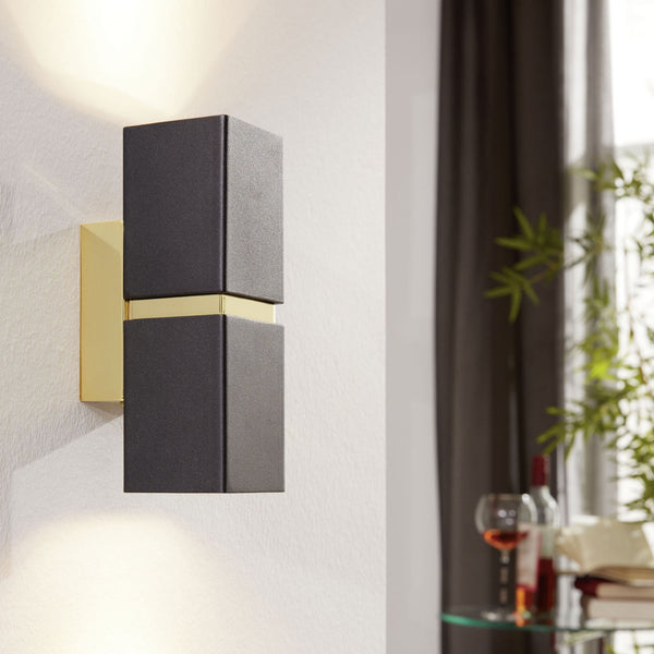 Passa Cube Up & Down Wall Light in Black with Gold Detailing