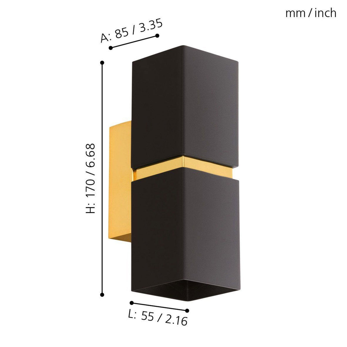 Passa Cube Up & Down Wall Light in Black with Gold Detailing