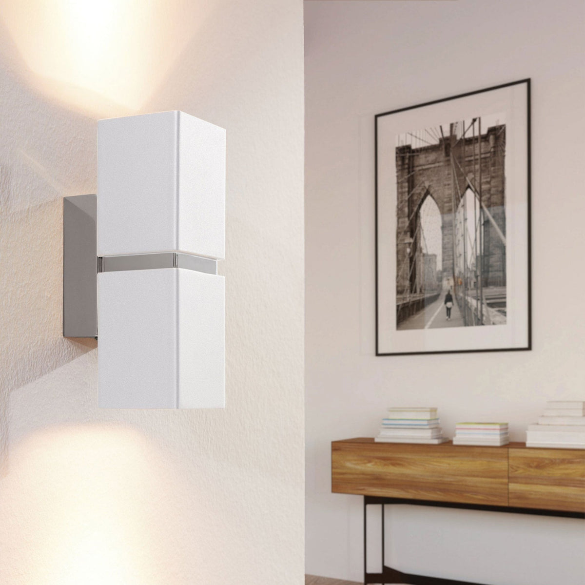 Passa Cube Up & Down Wall Light in White with Chrome Detailing