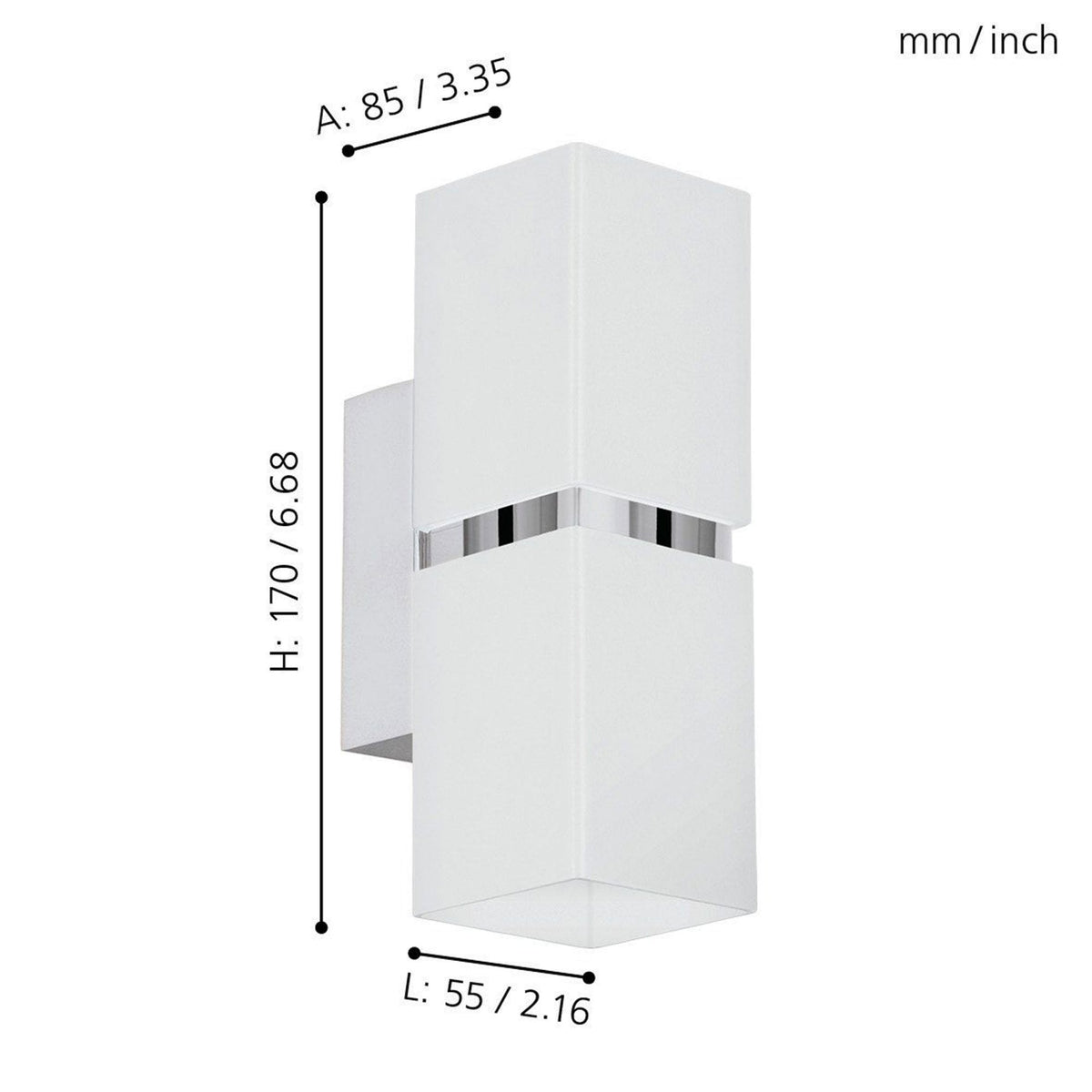 Passa Cube Up & Down Wall Light in White with Chrome Detailing
