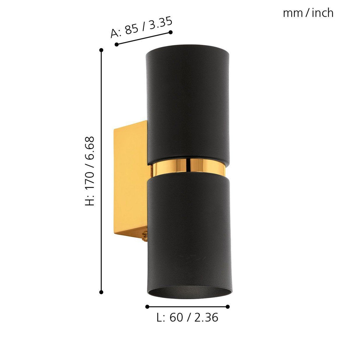 Passa Up & Down Wall Light in Black with Gold Detailing