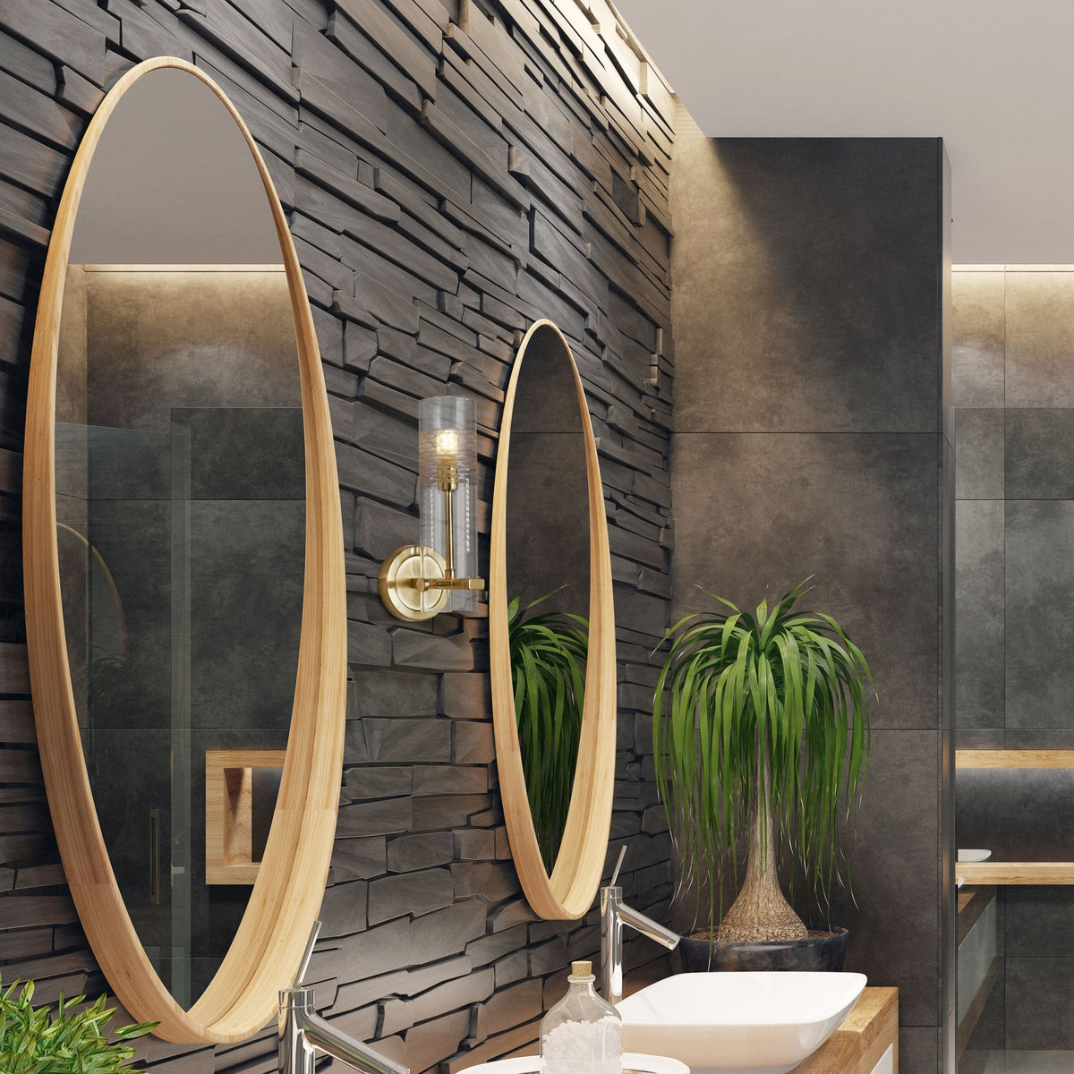 Scope IP44 Bathroom Wall Light In Satin Brass With Etched Glass Shade