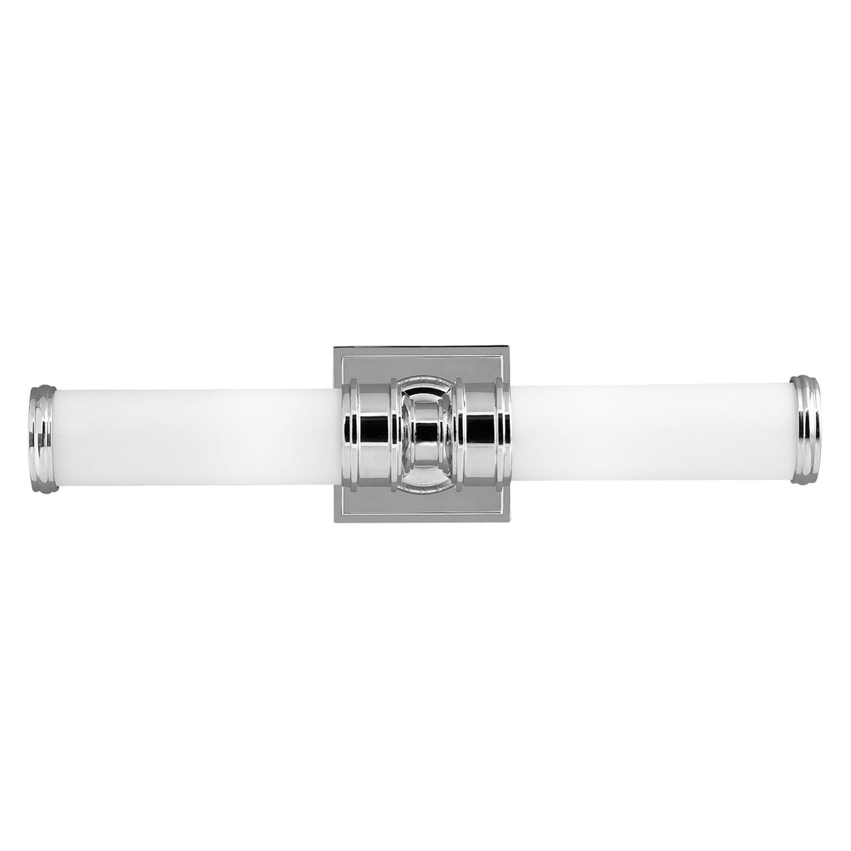 A close-up of a contemporary chrome-plated twin tube bathroom wall light.