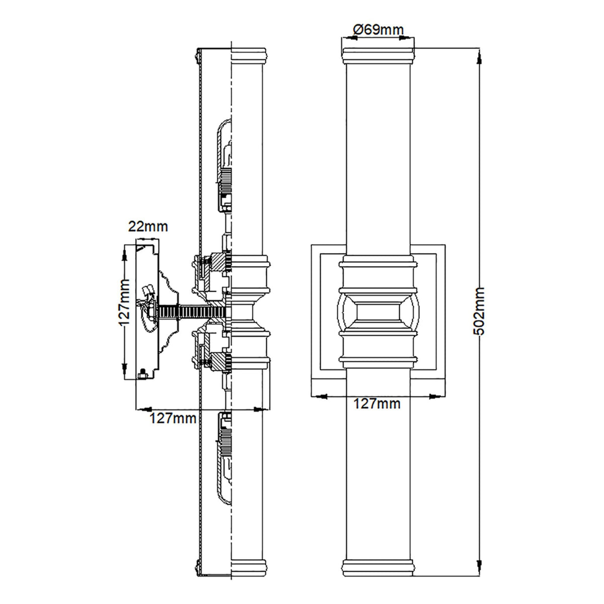A technical drawing detailing the dimensions of the twin tube bathroom wall light.