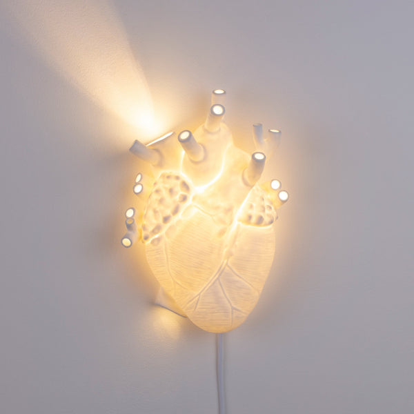 Anatomical heart-shaped lamp casting a warm glow onto a white wall.