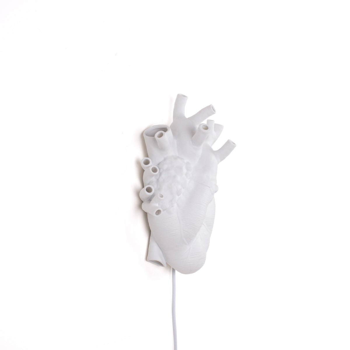 White anatomical heart lamp with a wire, positioned against a clean white wall.