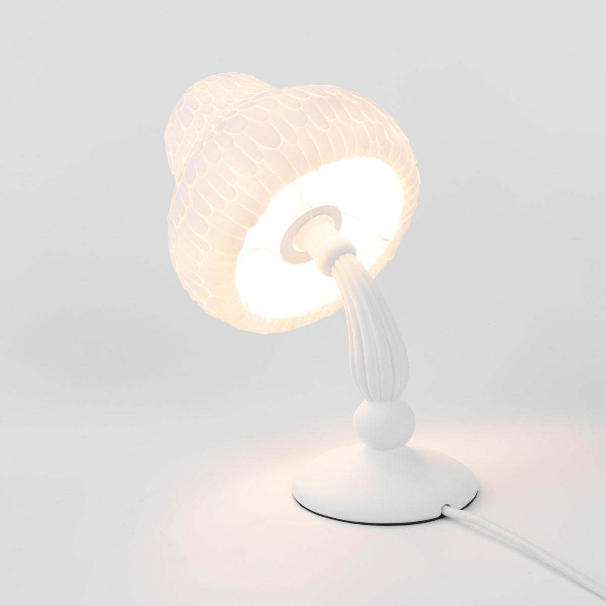 A white mushroom-shaped desk lamp with a textured shade and visible bulb on a white background.