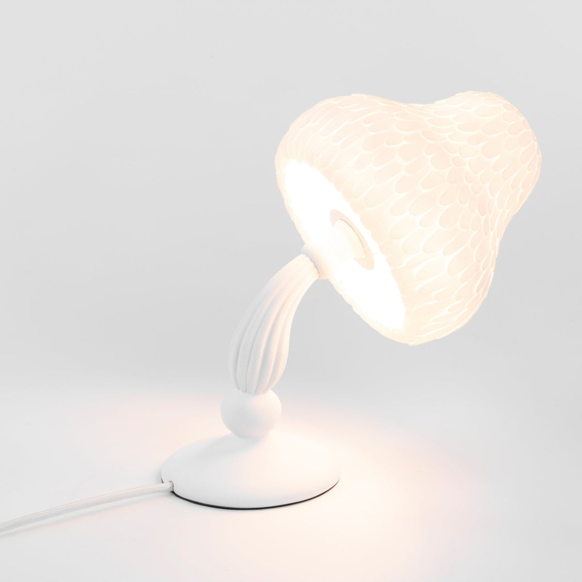 A white mushroom-shaped desk lamp with a textured shade and visible bulb on a white background.