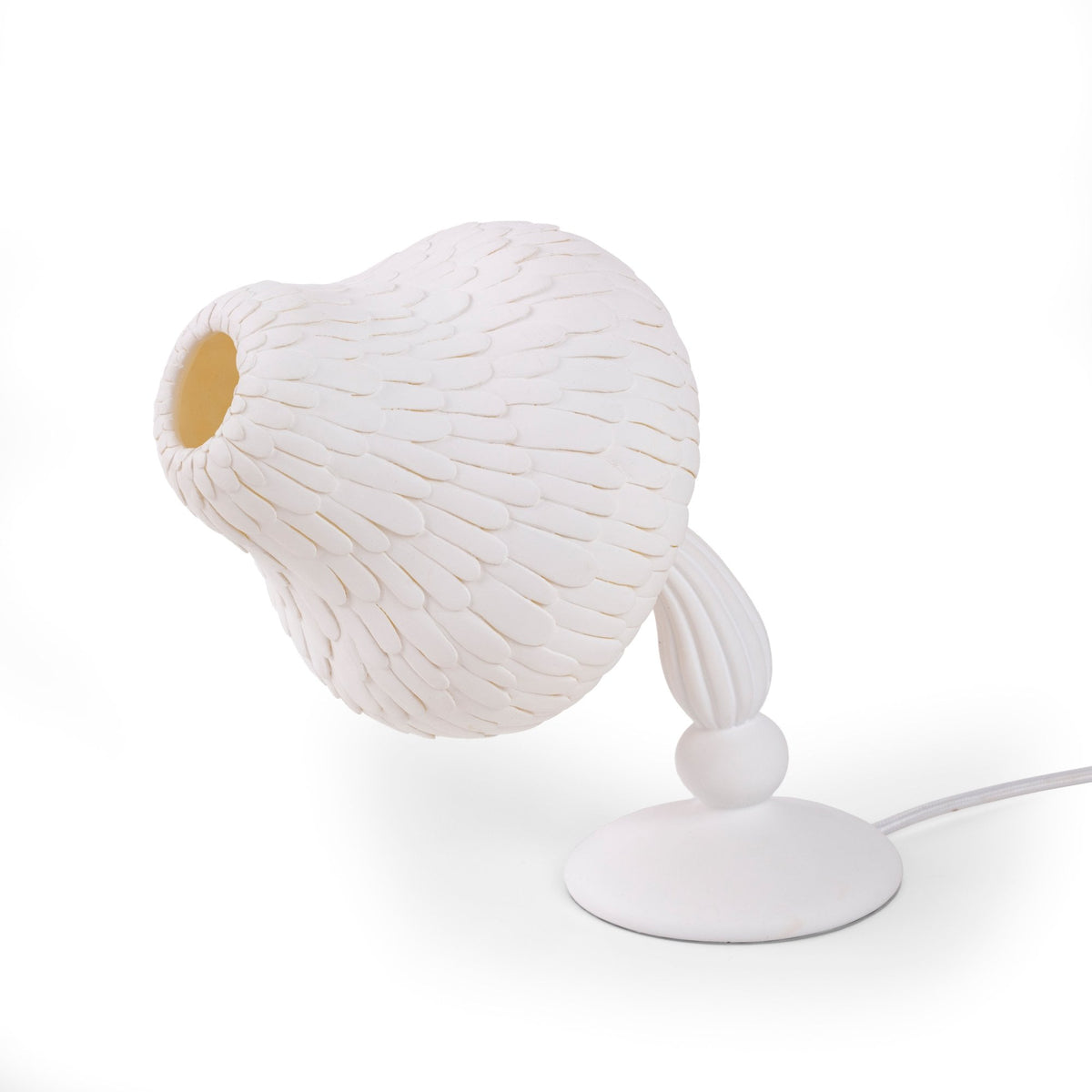 A white mushroom-shaped desk lamp with a textured shade, unlit, on a white background.