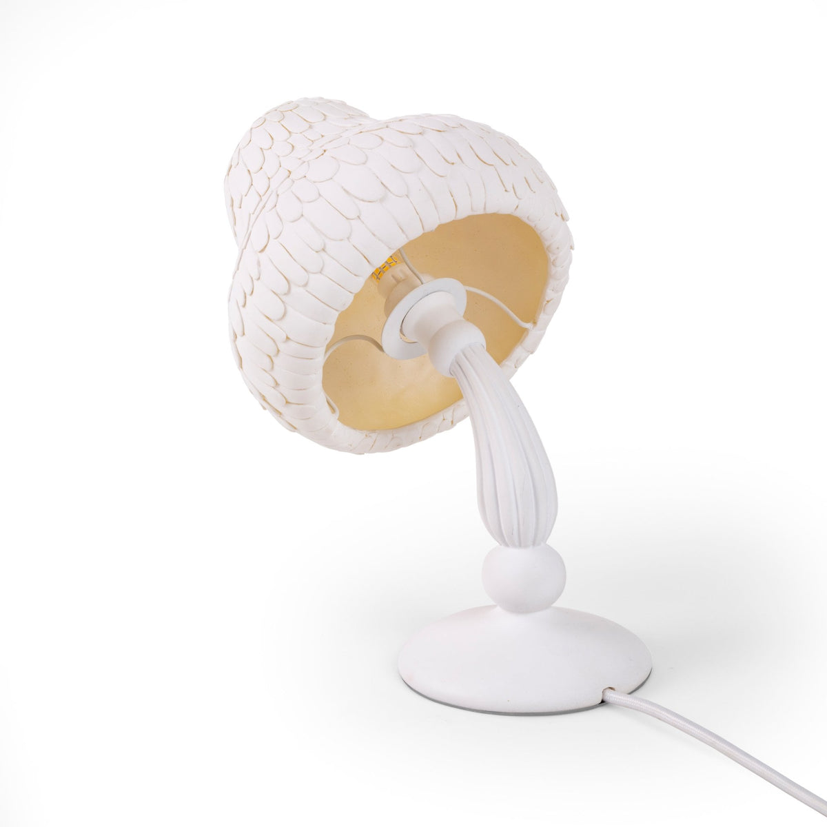 A white mushroom-shaped desk lamp with a textured shade, unlit, viewed from below on a white background.