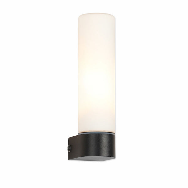 Tasso IP44 Single Bathroom Wall Light In Satin Black With Opal Glass Shade