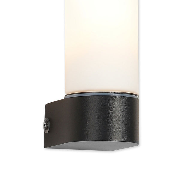 Tasso IP44 Single Bathroom Wall Light In Satin Black With Opal Glass Shade