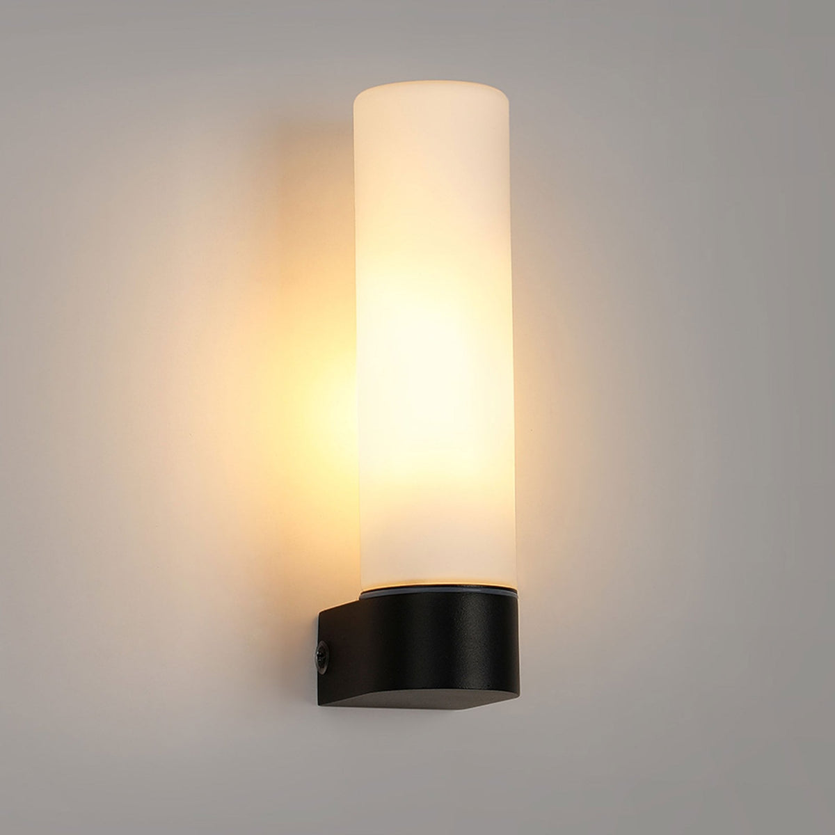 Tasso IP44 Single Bathroom Wall Light In Satin Black With Opal Glass Shade