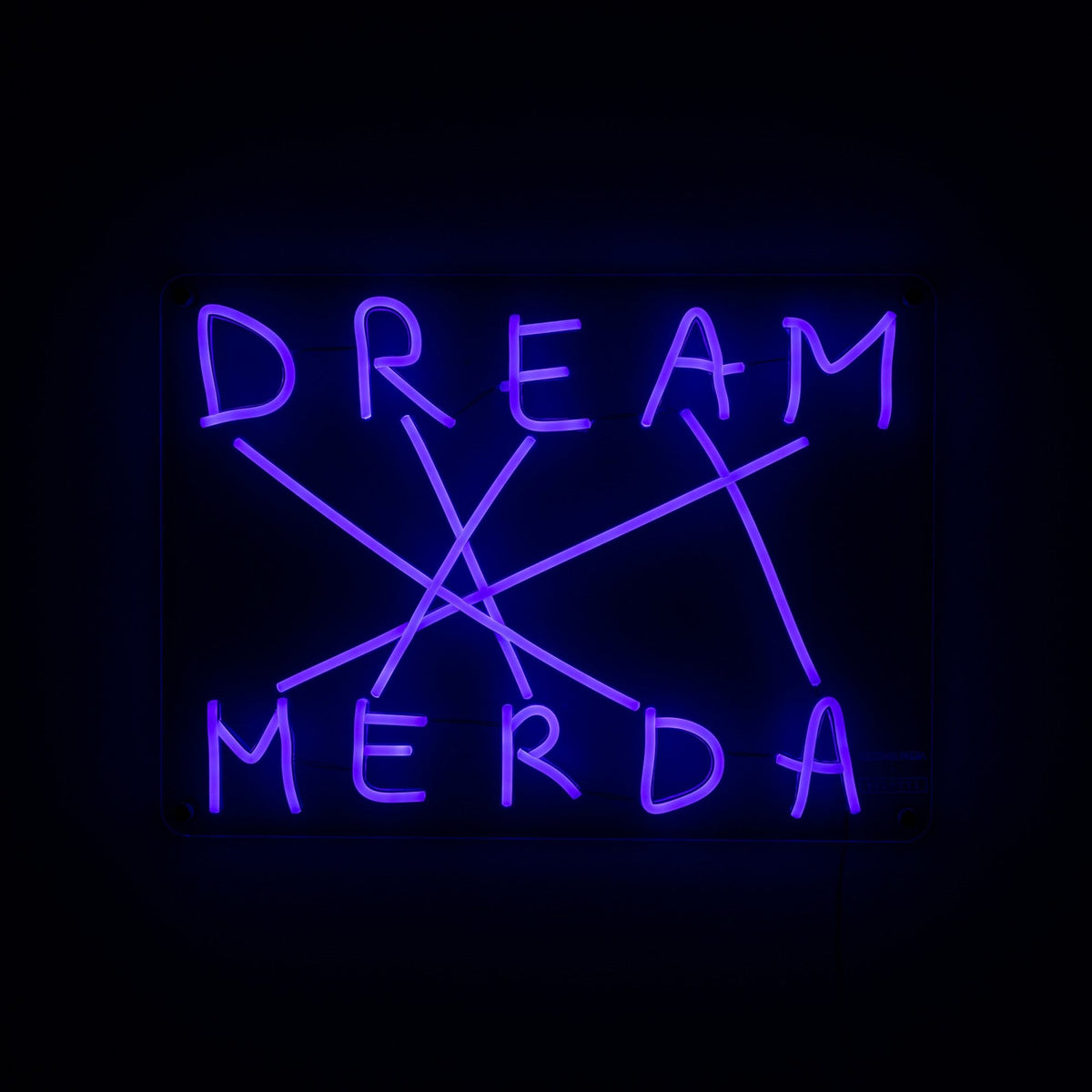 Deep purple neon sign reads 'DREAM MERDA' with intersecting lines against a dark background.