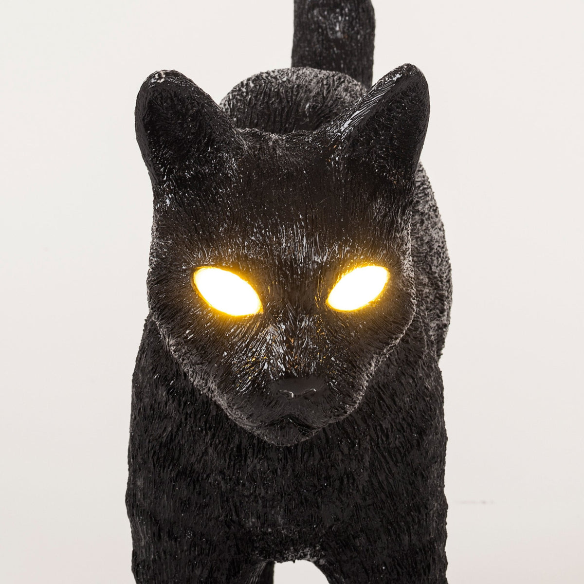 Close-up front view of a black cat's face with bright yellow glowing eyes.