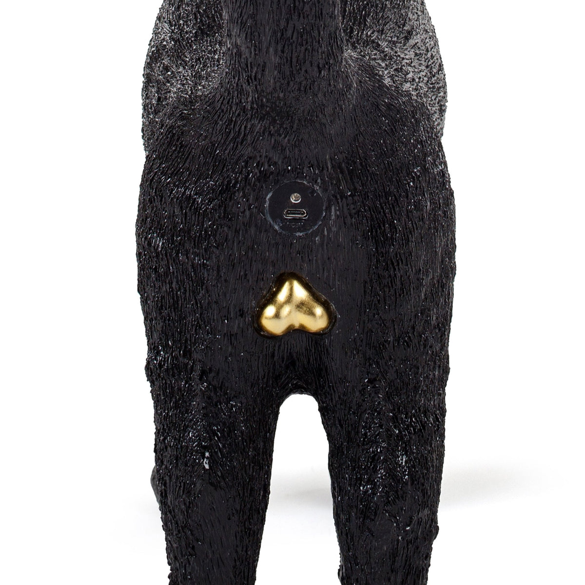 Rear view of a black cat with a golden heart-shaped detail.
