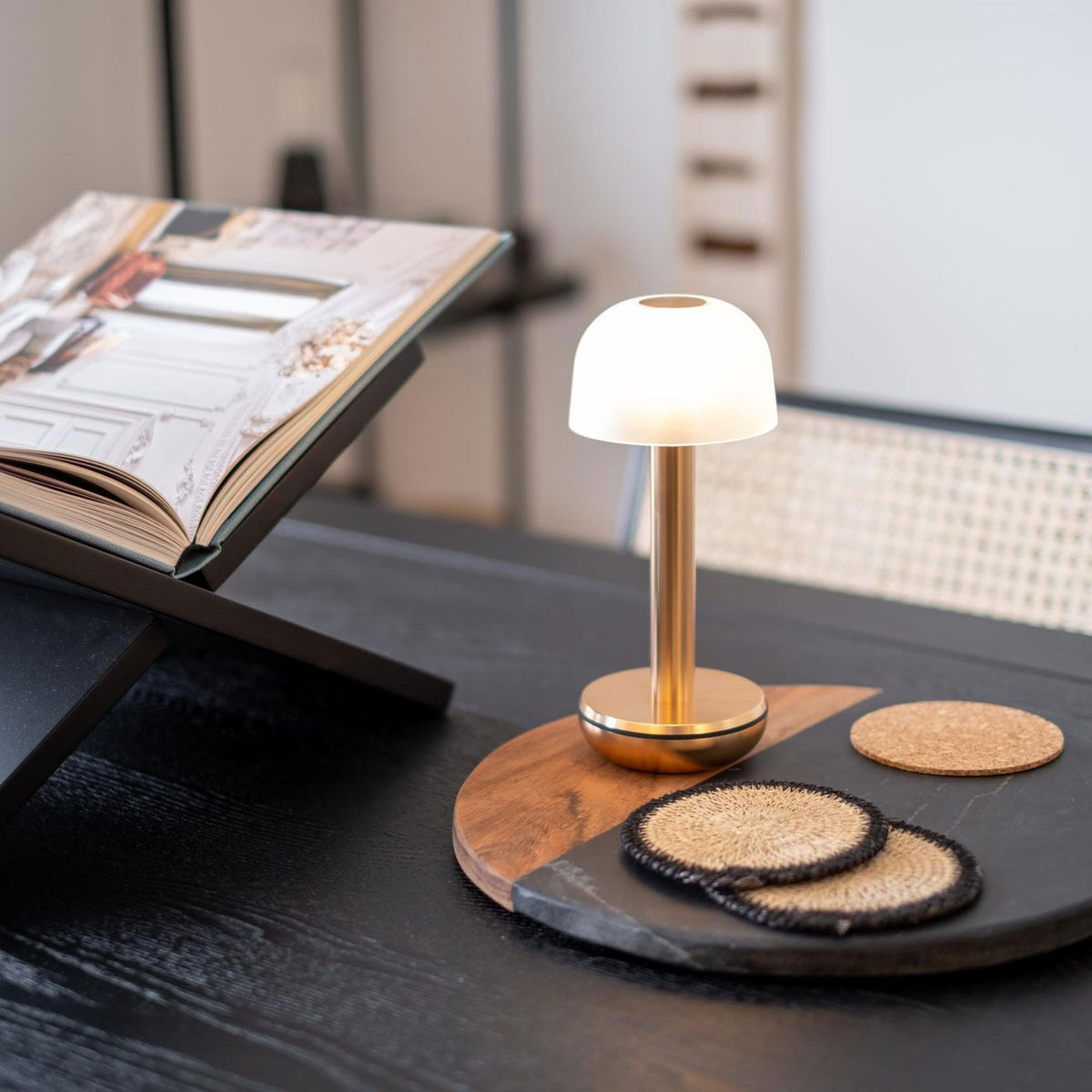 The Two IP65 LED Rechargeable Portable Table Lamp In Gold With Frosted Glass Shade